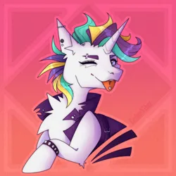 Size: 2000x2000 | Tagged: safe, artist:embervibez, derpibooru import, rarity, pony, unicorn, alternate hairstyle, bracelet, chest fluff, clothes, ear piercing, eyebrow piercing, female, horn, image, jacket, jpeg, mare, one eye closed, piercing, punk, raripunk, solo, spiked wristband, tongue piercing, wink, wristband