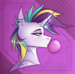 Size: 2000x1980 | Tagged: safe, artist:embervibez, derpibooru import, rarity, pony, unicorn, alternate hairstyle, bubblegum, bust, ear piercing, eyebrow piercing, female, food, gum, horn, image, jpeg, mare, piercing, punk, raripunk, solo