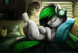 Size: 2958x2028 | Tagged: safe, artist:aschenstern, derpibooru import, octavia melody, oc, oc:degrano, earth pony, pony, g4, bed, commission, dune, headphones, image, jpeg, pillow, window