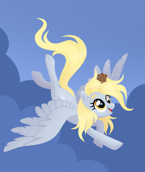 Size: 1920x2276 | Tagged: safe, artist:kabuvee, derpibooru import, derpy hooves, pegasus, pony, g4, female, flying, food, image, mare, muffin, on head, open mouth, png, sitting on head, sky background, smiling, solo, spread wings, three quarter view, wings