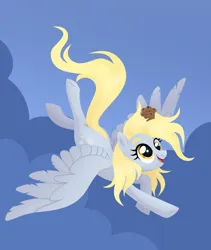 Size: 1920x2276 | Tagged: safe, artist:kabuvee, derpibooru import, derpy hooves, pegasus, pony, g4, female, flying, food, image, mare, muffin, on head, open mouth, png, sitting on head, sky background, smiling, solo, spread wings, three quarter view, wings