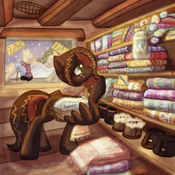 Size: 4000x4000 | Tagged: safe, artist:tiothebeetle, derpibooru import, oc, oc:netherweave, unofficial characters only, pegasus, pony, beams, beanie, blanket, boots, brown coat, brown hair, brown mane, cabin, christmas, christmas stocking, clothes, colorful, commission, crochet, freckles, green eyes, hat, holiday, image, indoors, leather, leather boots, looking right, mannequin, orange mane, overalls, pegasus oc, pegasus wings, png, pony mannequin, raised hoof, sale, sale sign, scarf, shelf, shirt, shoes, shopkeeper, smiling, snow, snowfall, solo, sticky note, store, sweater, text, window, wing hands, wing hold, wings, winter hat, wooden floor, wool