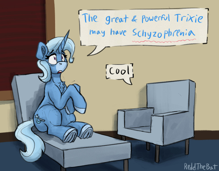 Size: 2309x1811 | Tagged: safe, artist:reddthebat, derpibooru import, trixie, pony, unicorn, g4, chair, chest fluff, dialogue, facial markings, female, frog (hoof), horn, image, jpeg, mare, mealy mouth (coat marking), meme, pinpoint eyes, ponified meme, psychiatrist, schizophrenia, sitting, solo, speech bubble, underhoof