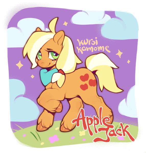 Size: 3424x3594 | Tagged: safe, artist:kuroikamome, derpibooru import, applejack, earth pony, pony, g4, clothes, cloud, female, hooves, image, mare, neckerchief, orange coat, png, scarf, smiling, solo, stars, tied mane, trotting, wingding eyes, yellow mane