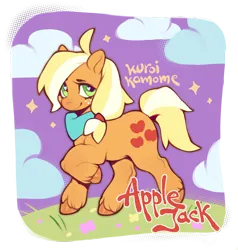 Size: 3424x3594 | Tagged: safe, artist:kuroikamome, derpibooru import, applejack, earth pony, pony, g4, clothes, cloud, female, hooves, image, mare, neckerchief, orange coat, png, scarf, smiling, solo, stars, tied mane, trotting, wingding eyes, yellow mane