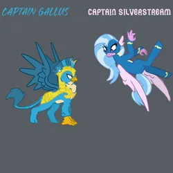 Size: 2000x2000 | Tagged: safe, artist:chromatail, derpibooru import, gallus, silverstream, gryphon, hippogriff, g4, armor, captain, clothes, female, flying, future, g5 rewrite, gallstream, gray background, image, male, older, older gallus, older silverstream, png, royal guard, seraphina au, shipping, simple background, spread wings, straight, uniform, wings, wonderbolts, wonderbolts uniform