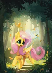 Size: 769x1080 | Tagged: safe, artist:tinybenz, derpibooru import, fluttershy, breezie, butterfly, insect, pegasus, pony, g4, big ears, cute, duo, folded wings, forest, image, jpeg, large wings, long mane, long tail, micro, nature, shyabetes, size difference, standing on two hooves, tail, tree, wings