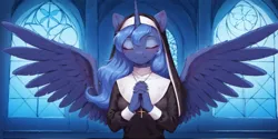 Size: 2400x1200 | Tagged: safe, ai content, derpibooru import, machine learning generated, prompter:greesys, princess luna, alicorn, pony, g4, bust, church, eyes closed, front view, image, nun, png, portrait, praying, solo, spread wings, wings