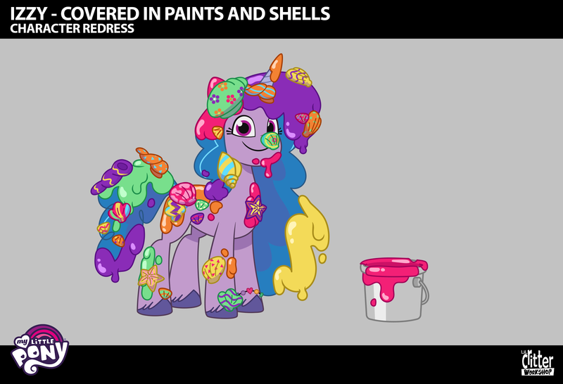 Size: 1920x1311 | Tagged: safe, derpibooru import, part of a set, izzy moonbow, pony, unicorn, g5, my little pony: tell your tale, leak, spoiler:g5, spoiler:my little pony: tell your tale, spoiler:tyts02e27, .ai available, .psd available, concept art, english, female, horn, image, lil critter workshop, long mane, mare, messy, messy mane, messy mane izzy moonbow, messy tail, my little pony logo, paint, paint bucket, png, ponycorn clone-i-corn, seashell, solo, tail, vector