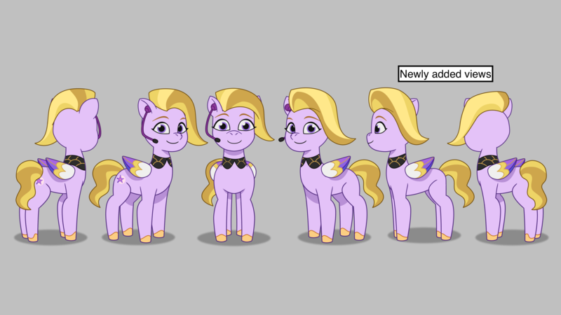 Size: 4096x2303 | Tagged: safe, derpibooru import, dazzle feather, pegasus, pony, g5, my little pony: tell your tale, leak, colored, colored wings, concave belly, earpiece, english, female, folded wings, headset, image, lil critter workshop, mare, multicolored wings, png, ponycorn clone-i-corn, reference sheet, solo, turnaround, wings