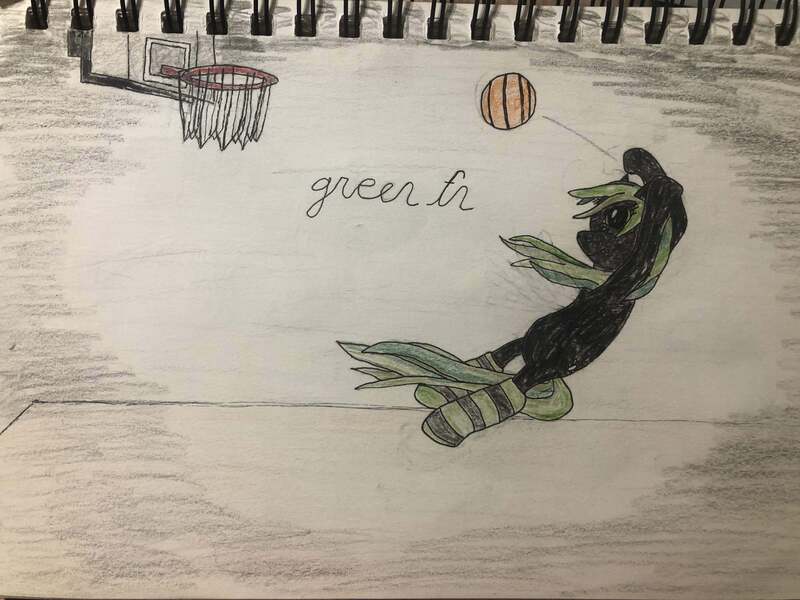 Size: 4032x3024 | Tagged: safe, ponerpics import, oc, oc:green fn, pegasus, art, basketball, black, black and green, green, green fn, image, jpeg, jumping, jumpshot, meme, shot, sports, traditional art