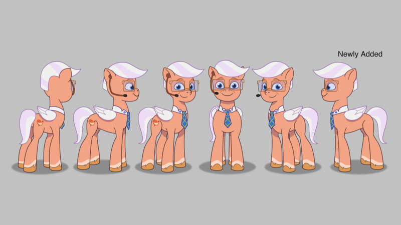 Size: 4096x2304 | Tagged: safe, derpibooru import, pegasus, pony, g5, my little pony: tell your tale, leak, clothes, coat markings, concave belly, earpiece, english, folded wings, glasses, headset, image, lanky, lil critter workshop, looking at you, male, necktie, png, ponycorn clone-i-corn, reference sheet, skinny, skye silver, smiling, smiling at you, socks (coat marking), solo, stallion, standing, tail, tall, thin, turnaround, unshorn fetlocks, white mane, white tail, wings, wrinkles