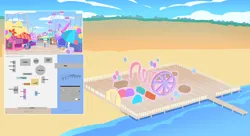 Size: 2000x1084 | Tagged: safe, derpibooru import, izzy moonbow, g5, my little pony: tell your tale, leak, amusement park, beach, boardtrot, high angle, image, lil critter workshop, map, maretime bay, ocean, outdoors, png, pony for scale, ponycorn clone-i-corn, reference used, roller coaster, water