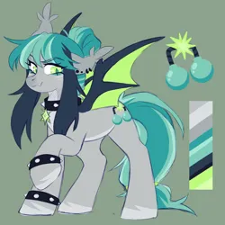 Size: 2046x2048 | Tagged: safe, artist:cheekipone, ponerpics import, oc, oc:rebel riot, unofficial characters only, bat pony, pony, bat pony oc, bat wings, bracelet, choker, color palette, cutie mark, ear piercing, ear tufts, earring, eyebrows visible through hair, eyeshadow, facial markings, fangs, female, floppy ears, green background, hair tie, image, jewelry, makeup, mare, piercing, png, raised hoof, reference sheet, simple background, solo, spiked choker, spiked wristband, spread wings, standing, unshorn fetlocks, wings, wristband