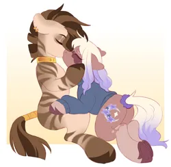 Size: 2048x1998 | Tagged: safe, artist:cheekipone, ponerpics import, oc, oc:poppy sprout, unofficial characters only, earth pony, pony, zebra, clothes, duo male and female, ear piercing, earth pony oc, eyebrows visible through hair, eyes closed, facial markings, female, floppy ears, hoof heart, image, kissing, mare, neck rings, oc x oc, passepartout, piercing, png, scrunchie, shipping, sitting, socks (coat marking), sweater, tail scrunchie, tail wrap, underhoof, unshorn fetlocks, zebra oc, zebra on pony action