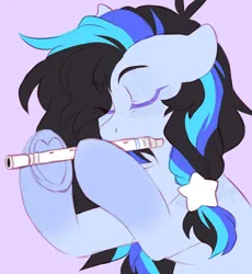 Size: 1266x1378 | Tagged: safe, artist:cheekipone, ponerpics import, oc, oc:fife irato, unofficial characters only, earth pony, pony, earth pony oc, eyebrows visible through hair, eyes closed, female, floppy ears, flute, hair tie, hoof heart, hoof hold, image, mare, musical instrument, playing instrument, png, purple background, simple background, solo, stars, underhoof, unshorn fetlocks