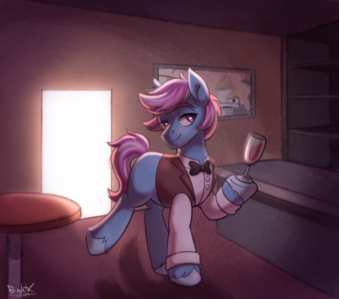 Size: 2921x2577 | Tagged: safe, artist:bkiltersot, derpibooru import, oc, oc:matcha latte, unofficial characters only, earth pony, pony, bar, bartender, bowtie, clothes, commission, glass, image, looking at you, male, male oc, painting, png, shelf, shelves, shirt, smiling, solo, stallion, table, underhoof, unshorn fetlocks, vest, wine glass