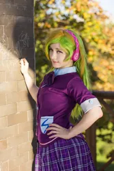 Size: 828x1242 | Tagged: safe, artist:cynder, derpibooru import, lemon zest, human, equestria girls, g4, bowtie, clothes, cosplay, costume, crystal prep academy, crystal prep academy uniform, female, headphones, image, irl, irl human, jpeg, my little pony equestria girls: friendship games, photo, pose, school uniform, solo, solo female