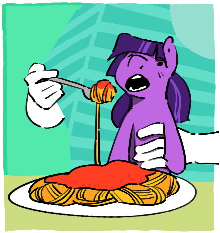 Size: 445x472 | Tagged: safe, artist:the---robbie72, derpibooru import, oc, oc:cloudy skies, unofficial characters only, human, pegasus, pony, feeding, female, food, fork, holding a pony, image, mare, not twilight sparkle, open mouth, pasta, png, solo focus, spaghetti