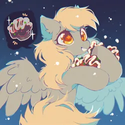 Size: 1800x1800 | Tagged: safe, artist:mirtash, derpibooru import, derpy hooves, pegasus, pony, g4, christmas, ear fluff, female, food, holiday, image, jpeg, mare, muffin, smiling, solo, sparkles, spread wings, starry eyes, wingding eyes, wings