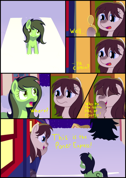 Size: 3000x4250 | Tagged: safe, artist:mariculture, ponerpics import, oc, oc:anonfilly, oc:frosty flakes, unofficial characters only, earth pony, pony, taiga pony, comic, dialogue, female, filly, image, mare, night, parody, png, polar express, scene parody, snow, train