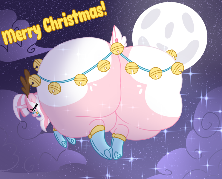 Size: 2478x2000 | Tagged: suggestive, artist:ladylullabystar, derpibooru import, oc, oc:lady lullaby star, unofficial characters only, unicorn, blushing, butt, christmas, clothes, female, flying, halter, holiday, horn, huge butt, image, impossibly large butt, jingle bells, large butt, massive, merry christmas, nervous, png, simple background, socks, solo, solo female, tack, unicorn oc