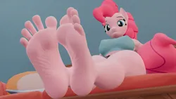 Size: 3840x2160 | Tagged: suggestive, artist:twintails3d, derpibooru import, pinkie pie, anthro, earth pony, plantigrade anthro, pony, g4, 3d, big breasts, breasts, busty pinkie pie, erect nipples, feet, female, foot focus, grin, image, looking at you, mare, nipple outline, png, smiling, smiling at you, soles, solo, solo female