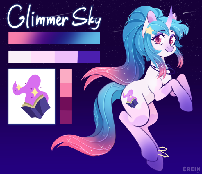 Size: 2315x2000 | Tagged: safe, artist:erein, derpibooru import, oc, oc:glimmer sky, unofficial characters only, pony, unicorn, coat markings, colored hooves, colored horn, cutie mark, dark background, ear piercing, earring, ears, ears up, ethereal mane, eyeshadow, female, gradient background, gradient legs, gradient mane, gradient tail, high res, hooves, horn, image, jewelry, leg markings, looking at you, makeup, mare, piercing, pink coat, pink eyes, png, reference sheet, solo, sparkles, sparkly mane, starry mane, tail, text, unicorn oc