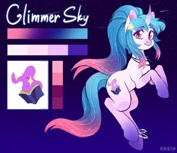 Size: 2315x2000 | Tagged: safe, artist:erein, derpibooru import, oc, oc:glimmer sky, unofficial characters only, pony, unicorn, coat markings, colored hooves, colored horn, cutie mark, dark background, ear piercing, earring, ears, ears up, ethereal mane, eyeshadow, female, gradient background, gradient legs, gradient mane, gradient tail, high res, hooves, horn, image, jewelry, leg markings, looking at you, makeup, mare, piercing, pink coat, pink eyes, png, reference sheet, solo, sparkles, sparkly mane, starry mane, tail, text, unicorn oc