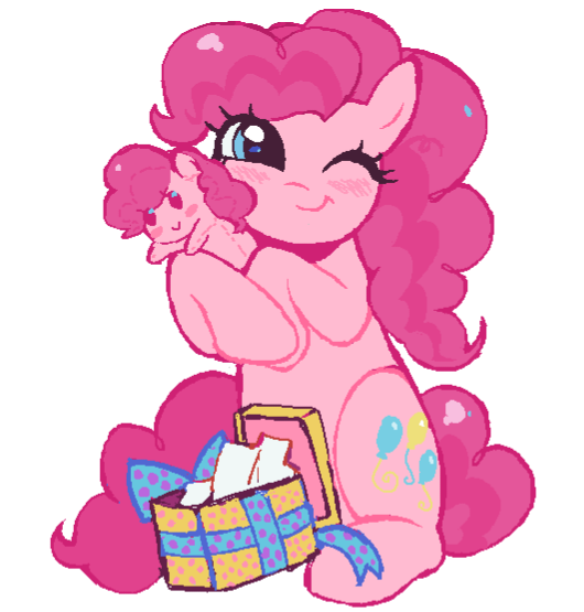 Size: 530x555 | Tagged: safe, artist:dulcesilly, derpibooru import, pinkie pie, earth pony, pony, g4, christmas, cute, diapinkes, female, holiday, image, looking at you, mare, one eye closed, plushie, png, present, simple background, sitting, smiling, smiling at you, solo, white background