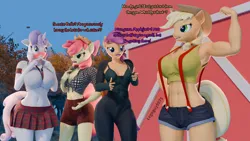 Size: 3840x2160 | Tagged: suggestive, artist:legoguy9875, derpibooru import, apple bloom, applejack, scootaloo, sweetie belle, anthro, earth pony, pegasus, unicorn, g4, 3d, abs, belly, belly button, bicep flex, biceps, big breasts, blender, blushing, breasts, busty apple bloom, busty applejack, busty cmc, busty scootaloo, busty sweetie belle, cleavage, clothes, cutie mark crusaders, female, females only, fingers together, horn, hot pants, image, midriff, muscles, muscular female, older, older apple bloom, older cmc, older scootaloo, older sweetie belle, plaid skirt, png, skirt, suspenders