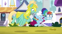 Size: 1133x636 | Tagged: safe, derpibooru import, screencap, rainbow dash, zephyr breeze, pegasus, pony, g4, sparkle's seven, alternate hairstyle, animated, armor, clothes, discovery family, discovery family logo, duo, ear piercing, earring, faic, female, flying, great moments in animation, gritted teeth, image, jewelry, jpeg, logo, male, mare, megaradash, my little pony, necklace, outdoors, pervert, piercing, ponytail, royal guard, royal guard zephyr breeze, skirt, stallion, teeth, this will lead to charges of attempted rape, this will lead to charges of chauvinism, this will lead to fury from protective parents, this will lead to outrage, tripping