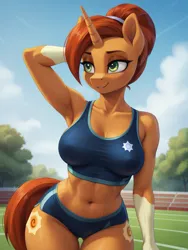 Size: 1152x1536 | Tagged: safe, ai content, machine learning generated, prompter:animebronyboy186, stellar flare, anthro, unicorn, g4, breasts, clothes, female, fitness milf, horn, image, milf, png, solo, solo female, sports bra, sports panties, sweat