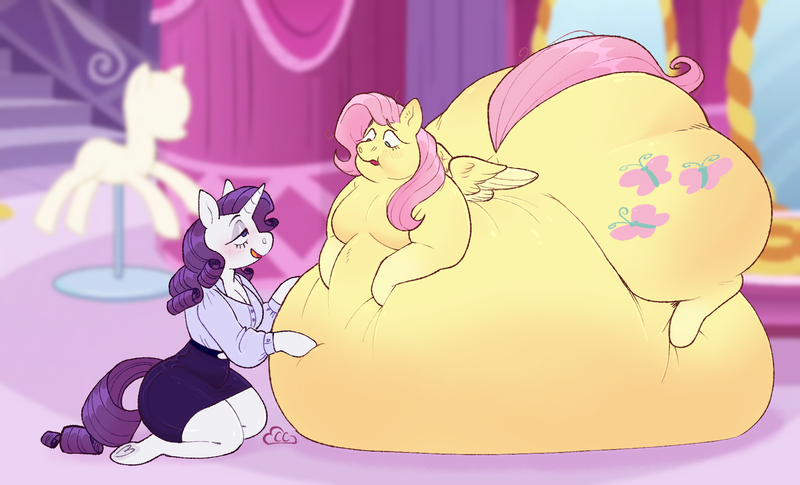 Size: 1896x1149 | Tagged: questionable, alternate version, artist:cloudcrime, derpibooru import, fluttershy, rarity, pegasus, semi-anthro, unicorn, g4, arm hooves, belly, belly bed, big belly, chubby cheeks, duo, duo female, fat, fat fetish, female, fetish, flarity, horn, huge belly, image, impossibly large belly, lesbian, obese, png, shipping, stretched cutie mark, the ass was fat, weight gain, wide hips