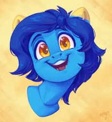 Size: 2763x3000 | Tagged: safe, artist:amishy, derpibooru import, oc, oc:helmie, unofficial characters only, pony, abstract background, bust, head tilt, image, jpeg, looking at you, open mouth, open smile, portrait, signature, smiling, smiling at you, solo