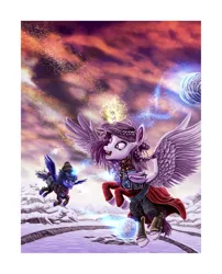 Size: 2200x2725 | Tagged: safe, artist:amalgamzaku, derpibooru import, oc, oc:astrum, oc:krinita, unofficial characters only, alicorn, pony, alicorn oc, ambient.white, bundled up, clothes, duo, female, glow, glowing horn, horn, image, magic, mare, not celestia, not luna, playing, png, snow, snowball, snowball fight, telekinesis, wings, winter, winter outfit, younger