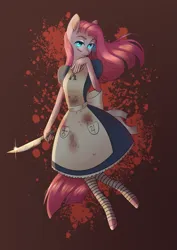 Size: 2059x2912 | Tagged: semi-grimdark, artist:worldlofldreams, derpibooru import, pinkie pie, anthro, earth pony, unguligrade anthro, g4, alice in wonderland, alice madness returns, alice: madness returns, blood, clothes, crossover, dress, female, image, knife, mcgee's pinkie, pinkamena diane pie, png, solo, video game