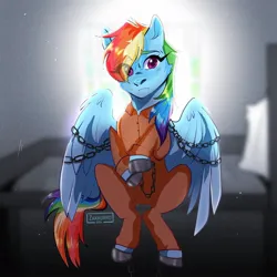 Size: 1080x1080 | Tagged: safe, artist:zakkurro, derpibooru import, rainbow dash, backlighting, clothes, commissioner:rainbowdash69, image, jail, jail cell, jpeg, never doubt rainbowdash69's involvement, prison, prison cell, prison outfit, prisoner, prisoner rd, solo