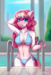 Size: 1527x2242 | Tagged: source needed, suggestive, artist:sonigiraldo, derpibooru import, oc, unofficial characters only, anthro, belly, belly button, bikini, blue bikini, blue swimsuit, blushing, both cutie marks, breasts, cheek fluff, clothes, commission, ear fluff, eyebrows, eyebrows visible through hair, female, heart, heart eyes, image, legs together, looking at you, o-ring swimsuit, outdoors, png, smiling, smiling at you, solo, solo female, swimming pool, swimsuit, underboob, water, wingding eyes, ych result