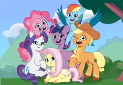 Size: 1950x1350 | Tagged: safe, artist:prixy05, derpibooru import, applejack, fluttershy, pinkie pie, rainbow dash, rarity, twilight sparkle, earth pony, pegasus, pony, unicorn, g4, g5, my little pony: tell your tale, female, g4 to g5, generation leap, horn, image, mane six, mane six opening poses, mare, png, unicorn twilight