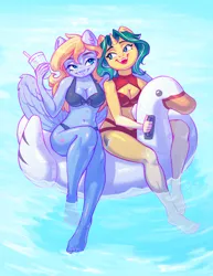 Size: 3000x3888 | Tagged: safe, artist:amishy, derpibooru import, oc, oc:depth chaser, oc:lusty symphony, unofficial characters only, anthro, pegasus, plantigrade anthro, pony, unicorn, barefoot, belly, belly button, bikini, breasts, busty oc, cleavage, clothes, drink, duo, duo female, feet, female, floaty, handles, horn, image, inflatable bird, inflatable swan, inner tube, jpeg, legs in the water, looking at each other, looking at someone, mare, opaque inflatable, open mouth, open smile, outdoors, partially submerged, pool toy, red bikini, red swimsuit, smiling, smiling at each other, swimsuit, water