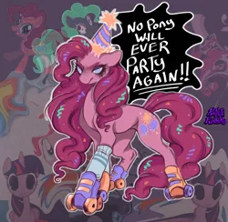 Size: 2925x2850 | Tagged: safe, artist:prrplefungi, derpibooru import, pinkie pie, earth pony, pony, g4, angry, clothes, evil, female, hat, high res, image, jpeg, mare, nightmarified, outline, party hat, roller skates, skates, socks, solo, speech bubble, swirly eyes