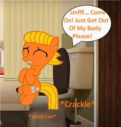 Size: 1480x1552 | Tagged: suggestive, artist:memeartboi, derpibooru import, crackle, ponified, earth pony, pony, g4, bathroom, but why, colt, constipated, darwin watterson, eyes closed, foal, image, implied defecation, implied farting, implied poop, implied pooping, indoors, lip bite, male, onomatopoeia, png, pushing, sitting, sitting on toilet, solo, solo male, sound effects, speech bubble, struggle, struggling, teeth, text, the amazing world of gumball, toilet, toilet humor