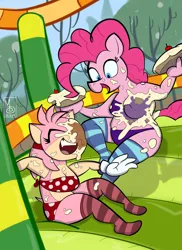 Size: 5100x7019 | Tagged: safe, artist:sebaku, derpibooru import, pinkie pie, anthro, earth pony, hedgehog, g4, amy rose, bouncy castle, clothes, duo, eyes closed, fat, food, image, inflatable, mobian, open mouth, open smile, pie, pie fight, pie in the face, png, polka dots, pudgy pie, smiling, socks, sonic the hedgehog (series), sonicified, striped socks, swimsuit, wet and messy