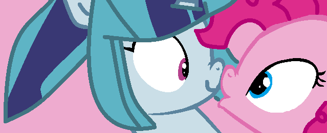 Size: 639x261 | Tagged: safe, artist:jadeharmony, derpibooru import, pinkie pie, sonata dusk, ponified, earth pony, pony, unicorn, base used, cute, diapinkes, duo, female, horn, image, imminent kissing, lesbian, mare, nose to nose, pink background, png, ship:pinata, shipping, simple background, sonatabetes, unicorn sonata dusk