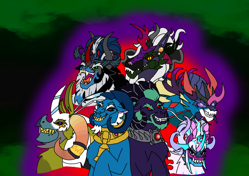 Size: 1414x1000 | Tagged: safe, artist:zetikoopa, derpibooru import, ahuizotl, dragon lord torch, grogar, king sombra, lord tirek, pharynx, pony of shadows, prince blueblood, shining armor, storm king, oc, oc:alastor, oc:bass thunder, oc:dark havok, oc:draven la fay/no heart, oc:keiran, oc:khalfani, oc:nemesis, oc:odysseus, oc:phantom infinite, sheep, them's fightin' herds, g4, my little pony: the movie, alexandrite arcane, community related, fusion, image, male, monster prince blueblood, monster shining armor, png, ram, safe:melspyrose, springtrap, stronghoof hoofstrong (tfh)