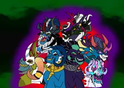 Size: 1414x1000 | Tagged: safe, artist:zetikoopa, derpibooru import, ahuizotl, dragon lord torch, grogar, king sombra, lord tirek, pharynx, pony of shadows, prince blueblood, shining armor, storm king, oc, oc:alastor, oc:bass thunder, oc:dark havok, oc:draven la fay/no heart, oc:keiran, oc:khalfani, oc:nemesis, oc:odysseus, oc:phantom infinite, sheep, them's fightin' herds, g4, my little pony: the movie, alexandrite arcane, community related, fusion, image, male, monster prince blueblood, monster shining armor, png, ram, safe:melspyrose, springtrap, stronghoof hoofstrong (tfh)