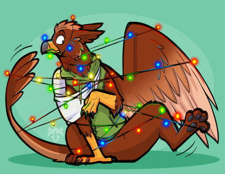 Size: 3300x2550 | Tagged: safe, artist:lou raccoon, derpibooru import, oc, oc:pavlos, gryphon, bandage, beak, broken bone, broken wing, cast, cheek fluff, christmas, christmas lights, claws, clothes, colored wings, commission, confused, eared griffon, griffon oc, holiday, image, injured, non-pony oc, nonbinary, png, sling, tail, wings