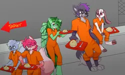 Size: 1600x961 | Tagged: safe, artist:the_moyax, derpibooru import, oc, oc:eden shallowleaf, unofficial characters only, anthro, fox, pegasus, rabbit, skunk, unguligrade anthro, wolf, animal, bound wings, chains, clothes, commissioner:land24, furry, image, jpeg, muzzle, non-mlp oc, pegasus oc, prison outfit, tray, wings