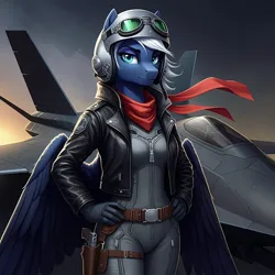 Size: 1024x1024 | Tagged: safe, ai content, derpibooru import, generator:google imagen 3.0, machine learning generated, prompter:zerowinger, night glider, anthro, pegasus, series:g.i. pony: a real equestrian hero, g4, clothes, cosplay, costume, female, fighter pilot, flight suit, g.i. joe, ghostrider, helmet, image, jacket, jet, jet fighter, jpeg, leather, leather jacket, scarf, solo, stealth fighter